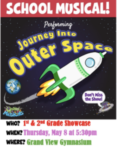A promotional poster for a school musical titled "Journey Into Outer Space," featuring event details.