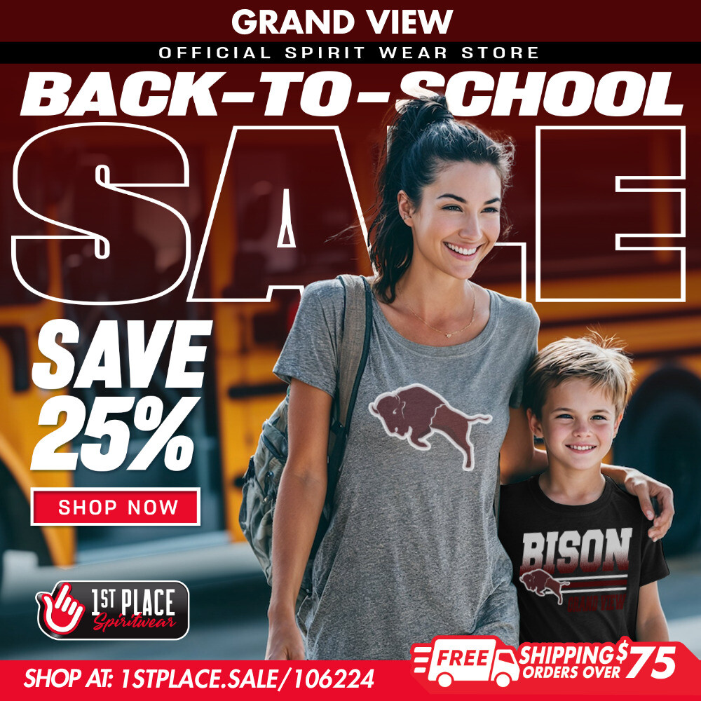 A woman and a boy smile while wearing spirit wear shirts, promoting a back-to-school sale with 25% off.