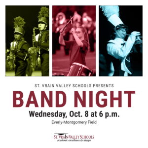 Image promoting Band Night at St. Vrain Valley Schools, featuring musicians and event details. Date: Oct. 8, 6 p.m.