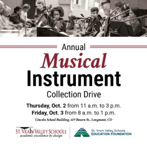 Annual musical instrument collection drive on Oct. 2 and 3 at Lincoln School in Longmont, CO.