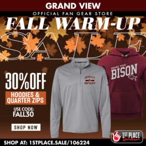 Promotional image for Grand View's fall sale; 30% off hoodies and quarter zips with autumn leaves background.