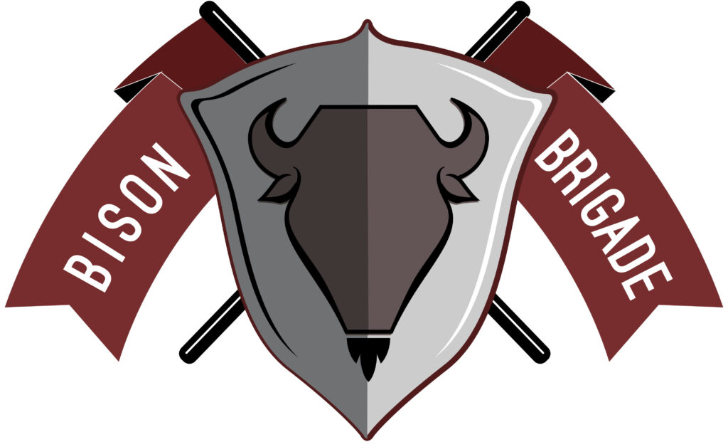 Logo featuring a shield with a bison head, flanked by crossed axes and ribbons labeled "BISON" and "BRIGADE."