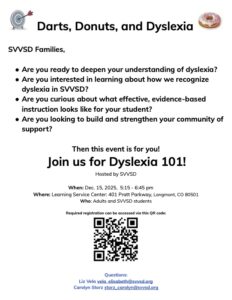 Event flyer for "Dyslexia 101" hosted by SVVSD on Dec. 15, 2025, with details on registration and contact information.