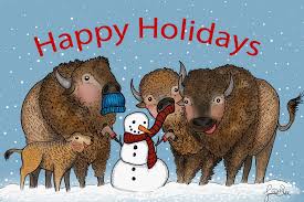 Four bison and a snowman wearing a scarf and hat, with a "Happy Holidays" message above them against a snowy background.