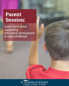 A child raises their hand in a classroom, promoting a session on supporting early childhood behavioral development.