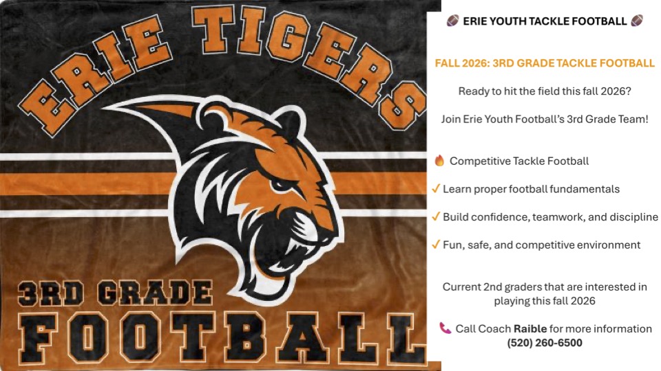 Erie Youth Tackle Football banner promoting fall 2026 for 3rd graders, featuring a tiger logo and contact info.