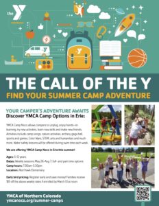 YMCA summer camp flyer featuring activities, age info, dates, and early bird pricing for Camp Noco in Erie.