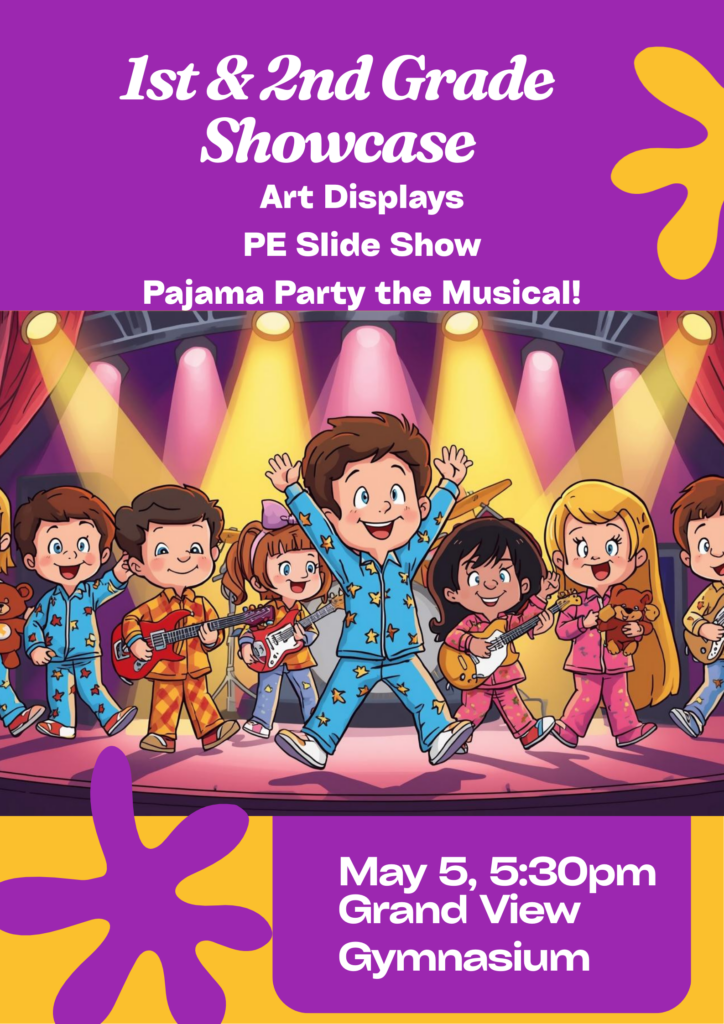 Colorful poster for a 1st and 2nd grade showcase featuring kids in pajamas performing on stage. Date and location included.