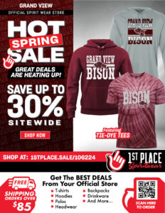 Promotional graphic for Grand View's spring sale, offering up to 30% off spirit wear like hoodies and tees.