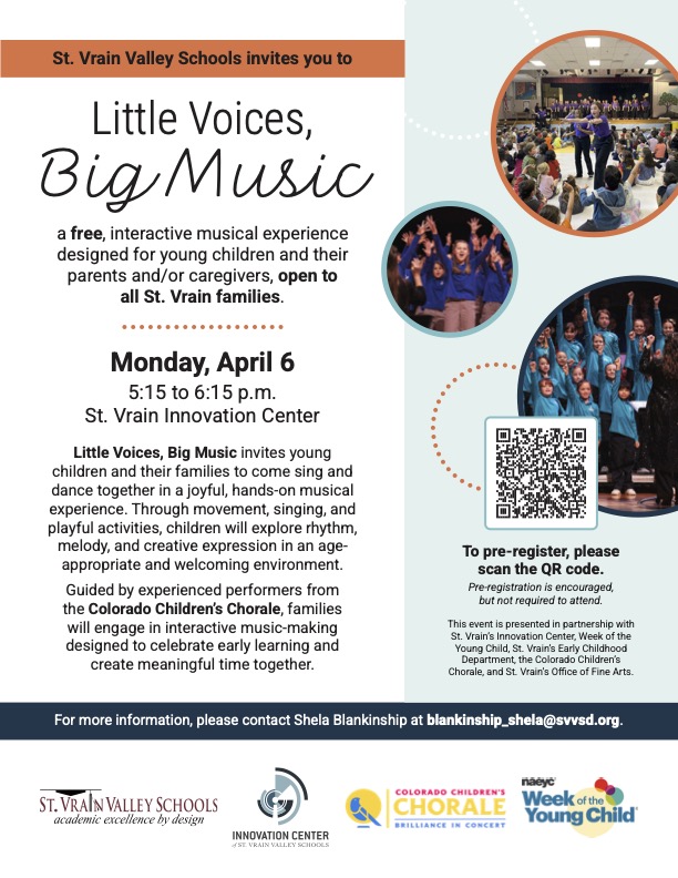 Event flyer for "Little Voices, Big Music," a free interactive music experience for young children and families.