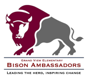 Logo of Grand View Elementary Bison Ambassadors featuring a bison in maroon and gray, with the slogan below.