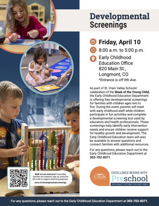 Image of children participating in developmental screenings at an early childhood education event, with event details provided.