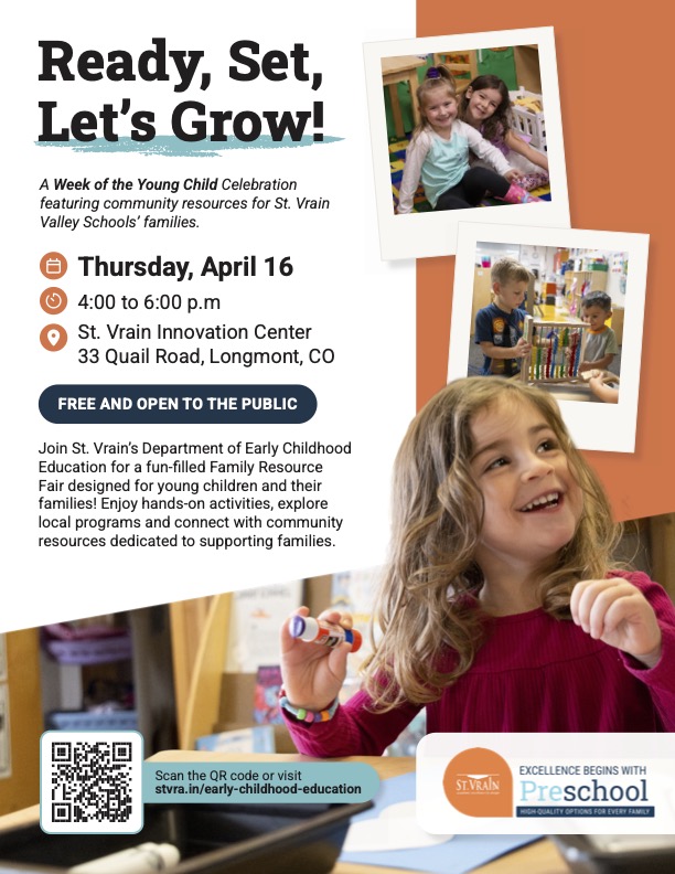 Event flyer for a Family Resource Fair on April 16, 4-6 PM at St. Vrain Innovation Center, Longmont, CO. Free entry.