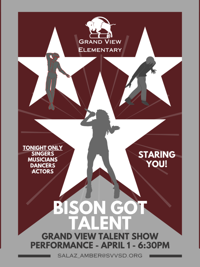 Poster for Grand View Elementary's "Bison Got Talent" show featuring performers; event details included.