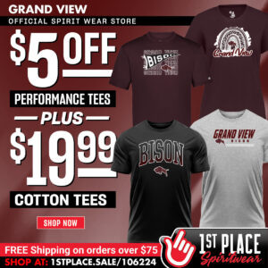 Promotional image for Grand View spirit wear: $5 off performance tees and $19.99 cotton tees, with free shipping over $75.