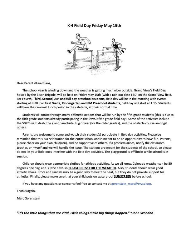 Announcement for K-4 Field Day on May 15, detailing events, schedule, and attire for students and parents.