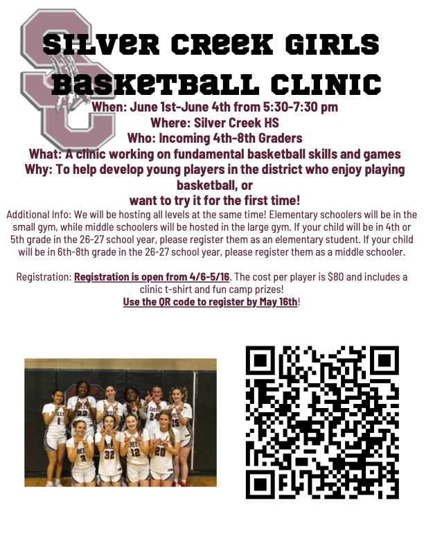 Image of a flyer for a girls' basketball clinic with details on dates, location, age group, and registration information.