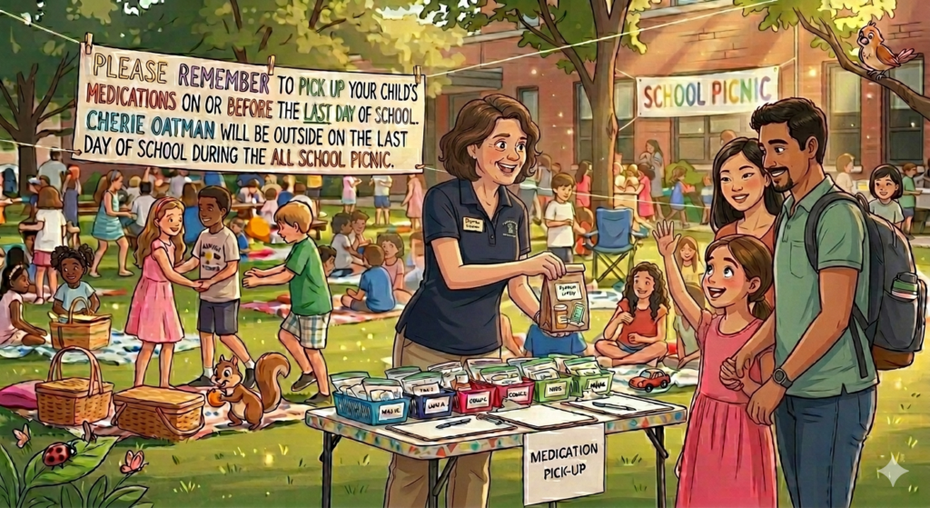 A school picnic scene with families, children playing, and a table for medication pickup. A sign reminds parents to collect meds.